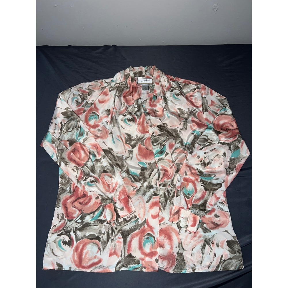 Jacqueline Ferrar Womens Size 8 Floral Long Sleeve Blouse Pink Tan Polyester
